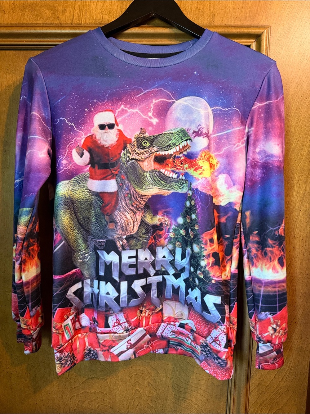 Kid’s XL Purple Christmas Graphic Sweatshirt with Santa and T-Rex